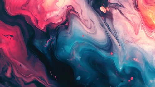 Vibrant fluid abstraction in teal, pink, and coral hues.
