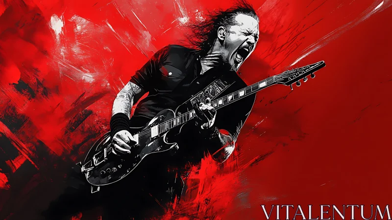 High-gain electric guitarist in dynamic red vector eruption.