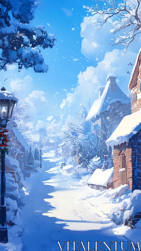 Sunlit snowy village street extends under crystalline winter sky