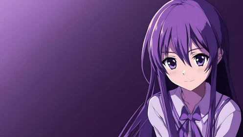Gentle purple haired anime girl sharing a shy, warm smile.
