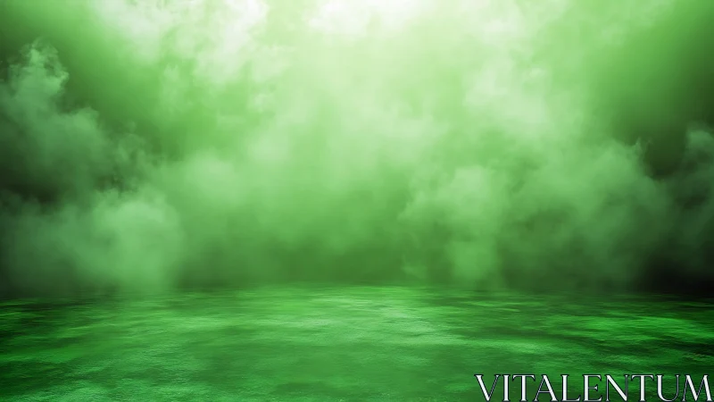 Volumetric green fog over reflective liquid plane with soft lighting