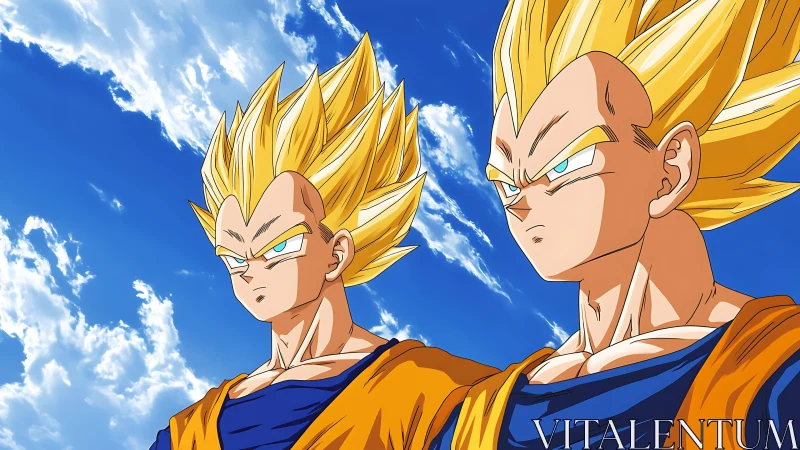 Two golden haired warriors gaze upward under vivid sky