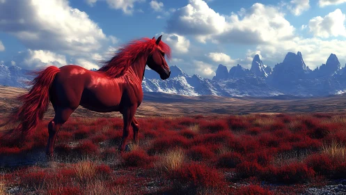 Red horse in open plain before distant snowy mountains.