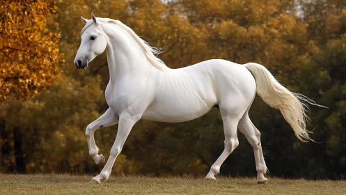 High-step white horse in collected trot against autumn foliage field