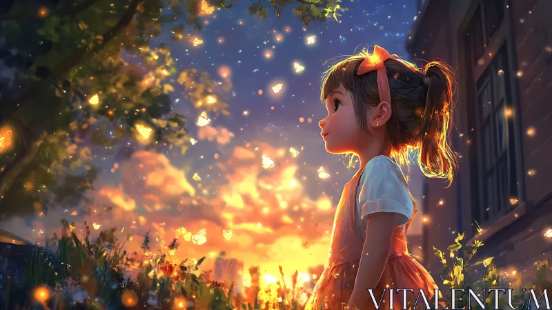 Girl watches glowing butterflies under vivid sunset sky.