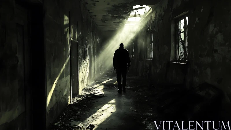 Lone silhouette wandering through a crumbling light-struck hall.