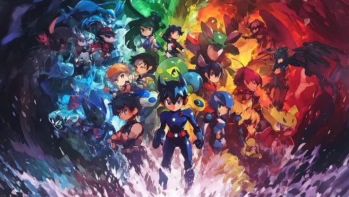 Hero ensemble divides elements in explosive color vortex.