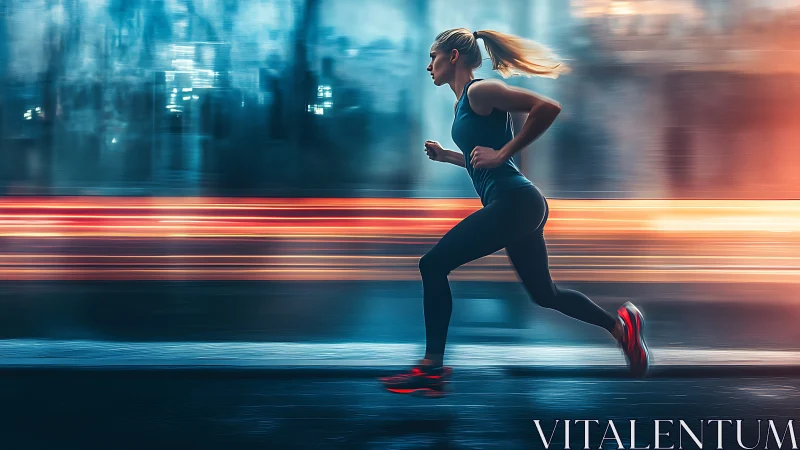 Night city runner chasing her rhythm of urban light.