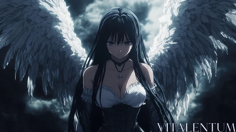 Midnight winged guardian standing between storm and starlight.