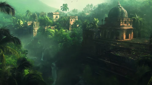 Emerald jungle citadel cradling forgotten waterfall temples.