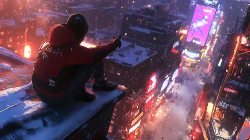 Snowy rooftop watcher quietly studies the glowing city below