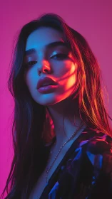 Neon rim-lit portrait explores chromatic contrast and skin texture