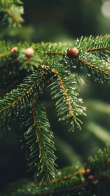 Close evergreen needles hold dewdrops under soft forest light