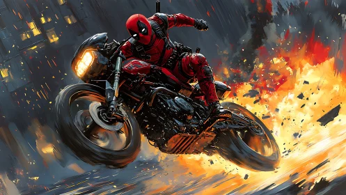 Masked antihero on racing bike cutting through city firestorm.