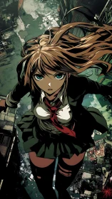 Defiant schoolgirl dives into shattered cyberpunk cityscape.