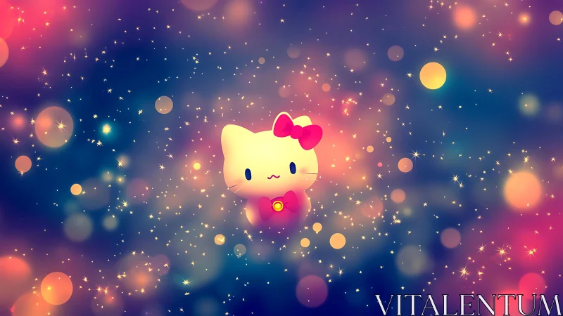 Kawaii space kitten floating in neon bokeh starlight field.
