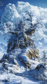 Vertical winter citadel perched on rocky outcrop under cumulus