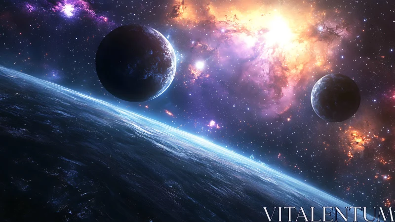 Gentle blue world beneath glowing nebula and quiet moons.