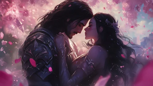 Intimate Portrait of Two Armored Figures in Ethereal Pink Particle Environment.