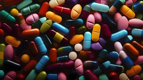 Candy-colored chaos of capsules in a vibrant medicine storm.