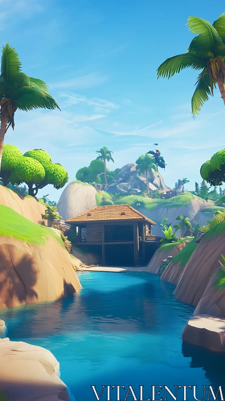 Tropical Island Cavern Architecture with Crystalline Water Body