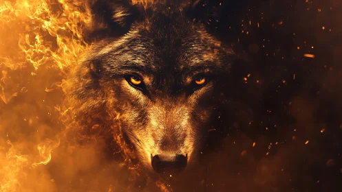 Lupine head-on portrait engulfed in dynamic flame field