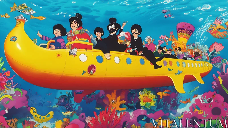 Playful journey in a bright yellow submarine undersea dream.