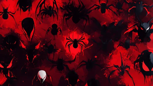 Silhouetted spider forms overlay dense red abstract background