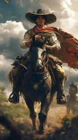 Cowboy rider charges through dust under stormlit sky.