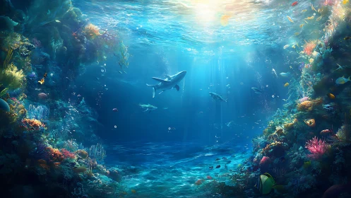 Vibrant coral reef with sharks in radiant sunlit ocean cavern.