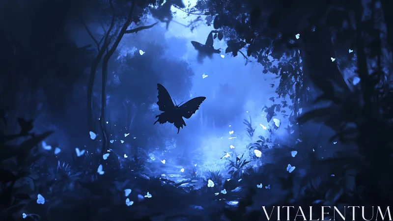 Bioluminescent butterflies traverse a fog-dense nocturnal forest corridor
