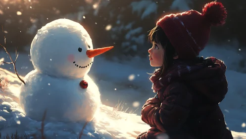 Quiet winter wonder: child sharing secrets with snowman.