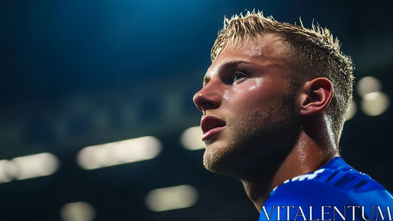 Photorealistic stadium portrait of focused football player.