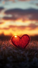 Red heart form positioned on frost covered ground surface.