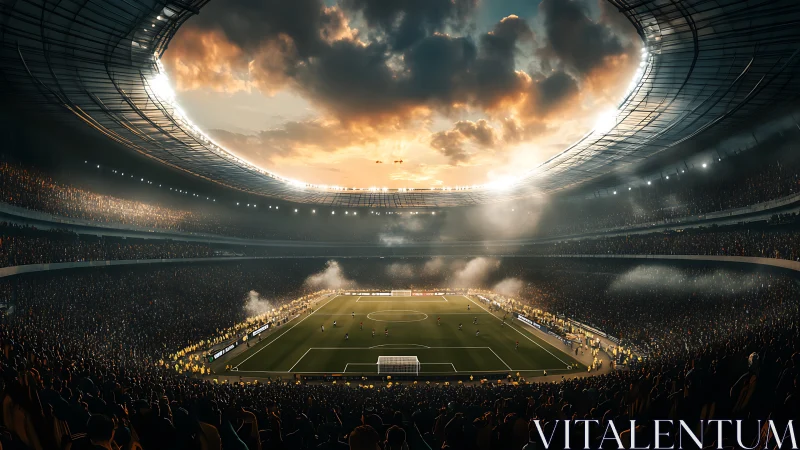 Massive football stadium under dramatic evening sky.