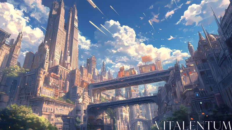 High-rise transit megacity under luminous stratocumulus sky.