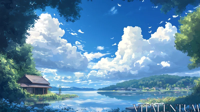 Serene lakeside cottage under towering cumulus clouds at noon