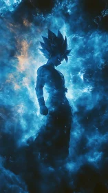 Blue energy silhouette of spiky haired anime fighter figure.