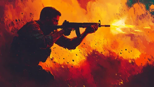 Silhouetted soldier fires rifle amid blazing inferno backdrop.