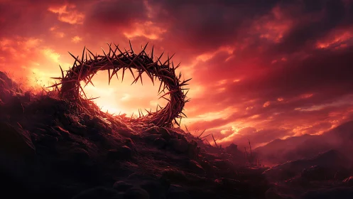 Crown of thorns ring frames burning red apocalyptic sunset