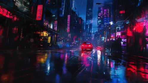 Neon lit rainy city street with cars and high rise towers.