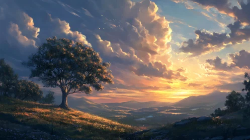 Lone hillside sentinel beneath a storm of molten sunset clouds.