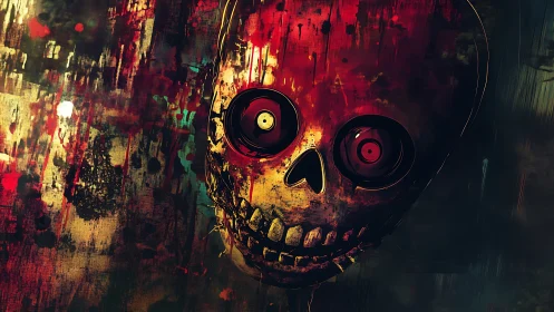 Glitching neon skull pulses within chaotic paint strata.