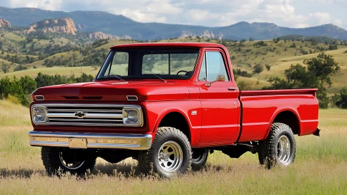 Classic red Chevy pickup dominates sunlit mountain meadow.