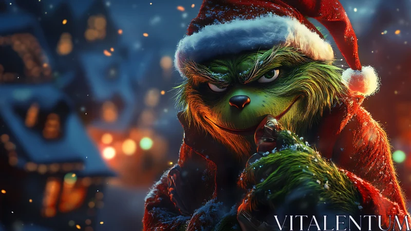 Mischievous green creature plots under cozy winter lights