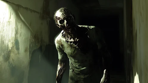3D survival horror corridor with decaying zombie figure.