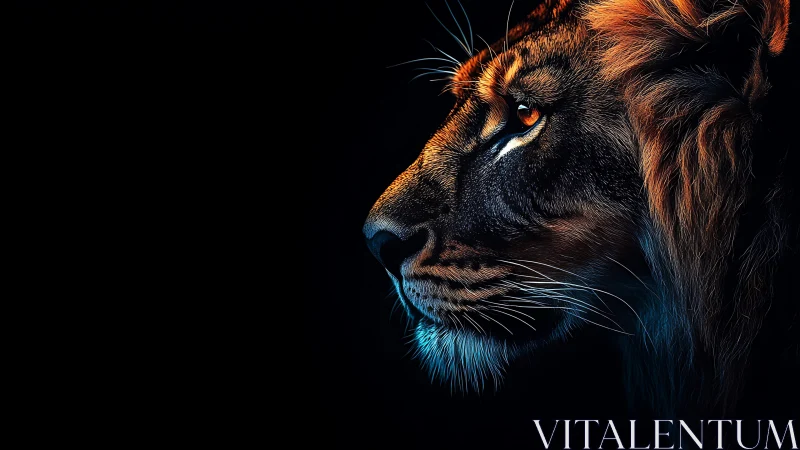 Lion profile in low key lighting with blue and orange accents.