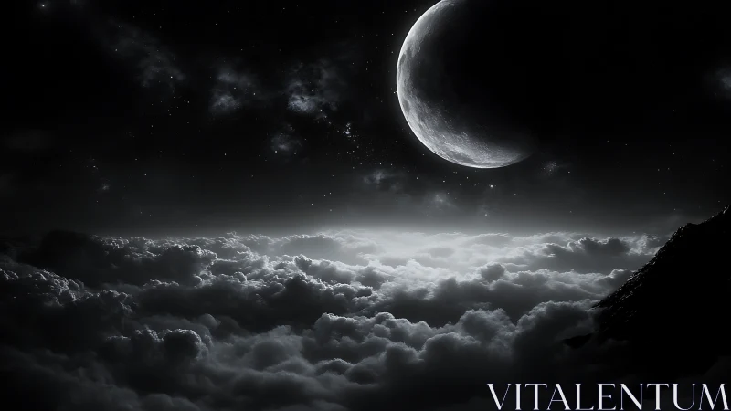 Crescent moon is positioned above dense illuminated cloud tops