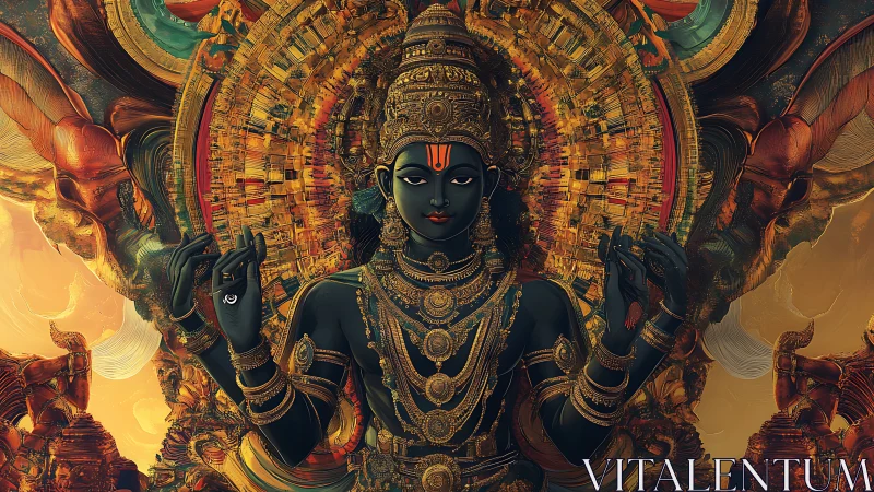 Symmetrical divine figure with ornate radial backdrop.