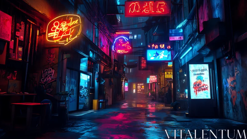 Rain-soaked cyberpunk alley renders neon light scattering realistically